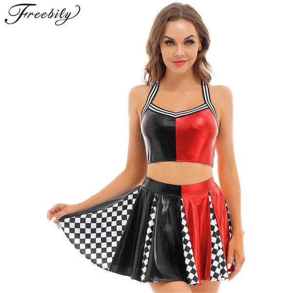 Costume da cheerleader a blocchi di colore metallizzato da donna Sexy Set Halloween Jester Circus Clown Dance Stage Performance Cosplay Fancy Dress UpHKD230703