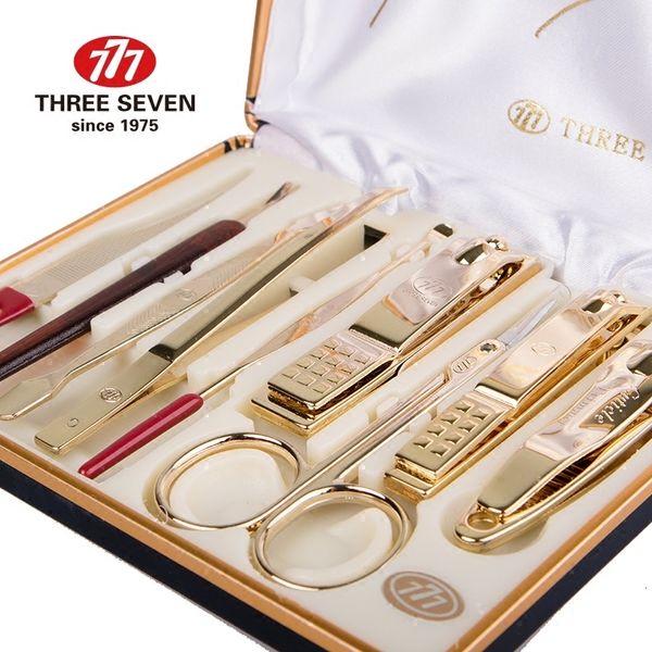 Nagel-Maniküre-Set THREE SEVEN 777 Luxus-Knipser-Trimmer-Kit 14K vergoldet Earpick Nagelfeile Augenbrauenclip 9-in-1-Kunstwerkzeug-Kits 230704