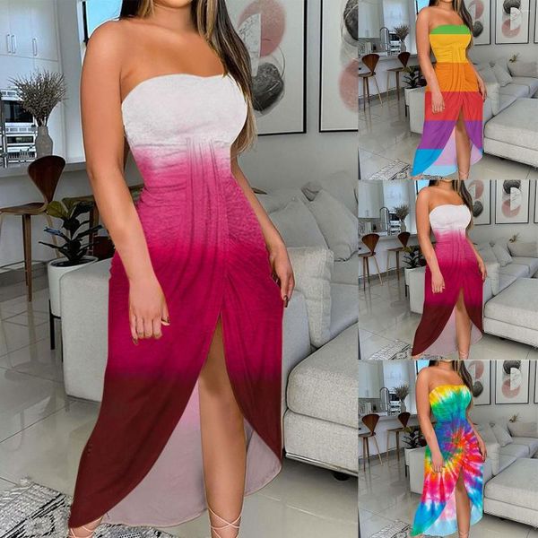 Günlük elbiseler Gradient Straplez elbise kadınlar için cüppe femme kapalı omuz plajı boho tüp üst maxi bandeau tatil uzunluğunda