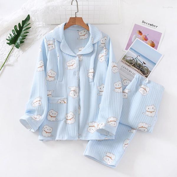 Roupa de dormir feminina primavera e outono algodão estampado pijama de lazer manga longa pijama solto roupas de maternidade Casa