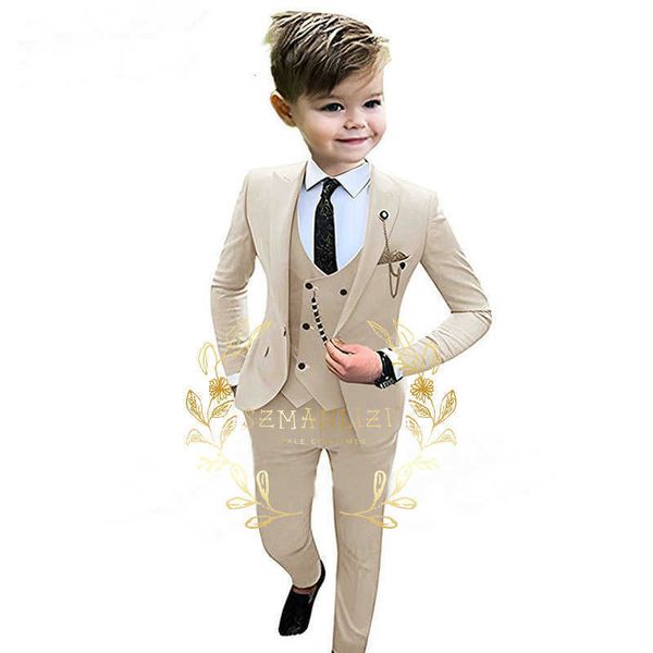 Ternos crianças meninos bege blazer colete calças 3 pçs conjunto crianças batismo casamento baile de formatura bebê menino vestido elegante traje de festa adolescenteHKD230704