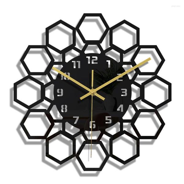 Настенные часы 3D Трехмерные черные шестиугольные акриловые зеркало цифровые часы на дому