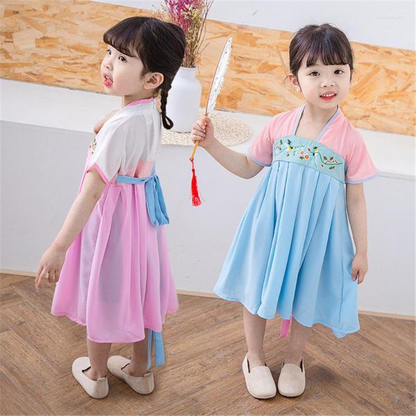 Vestido de ropa étnica Retro estilo chino Hanfu niña lindo de manga corta niños mejorado Cheongsam Qipao 2023 rosa azul