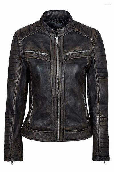 Trench da donna Donna Cafe Racer Moto Biker Giacca in vera pelle di pecora vintage nera invecchiata