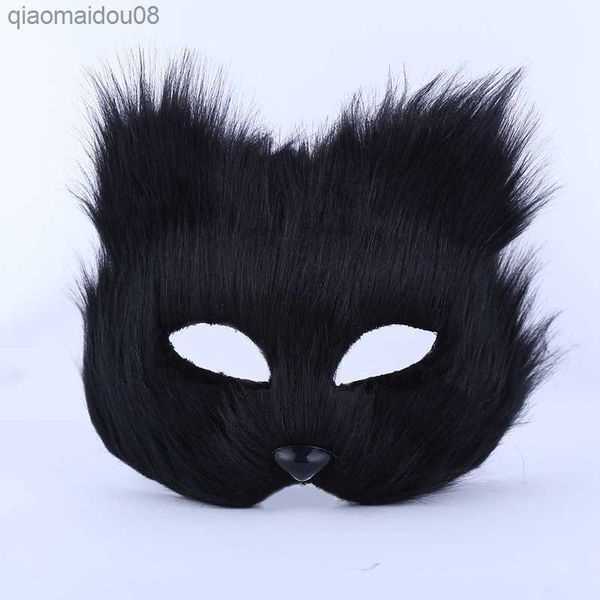 Siyah Furry Cat Fox Maske Sahte Kürk Hayvan Cosplay Kostüm Doğum Günü Bar Prop Party Masquerade Süslü Elbise Kız Paskalya L230704