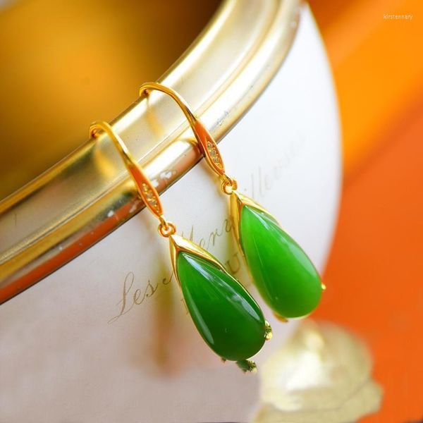 Brincos pendentes verde jaspe gota d'água longo feminino genuíno natural jade simples estilo frio generoso