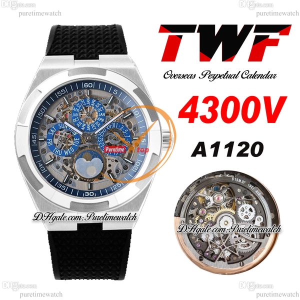 TWF Overseas Calendário Perpétuo Moonphase 4300V A1120 Relógio Masculino Automático Caixa de Aço Mostrador Esqueleto Azul Borracha Preta Super Versão Reloj Hombre Puretime B10