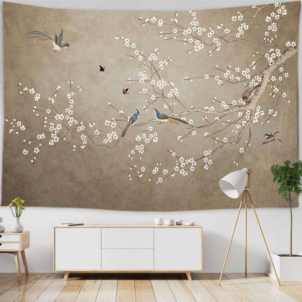 Tapeçarias flor e pássaro imagem tapeçaria pintura floral parede pendurado paisagem natural casa sala de estar decoração parede cobertor pano