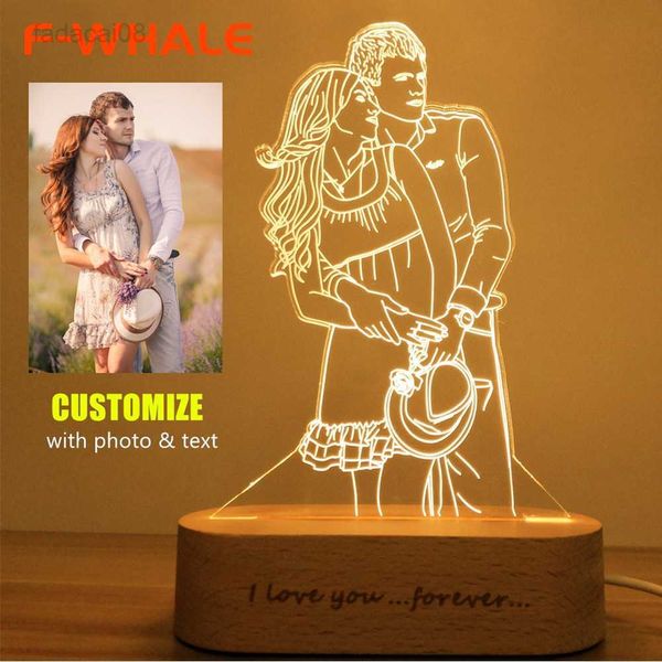 Luzes foto personalizada 3D noite USB diy lâmpada personalizada luz noturna para casamento presente de natal feriado luz base de madeira 14/30 cm hkd230704