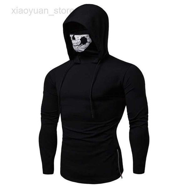 Herren-Kapuzenpullover, langärmelig, Herren-Kapuzenpullover mit Skelett-Aufdruck, Maske, Schwarz, Grau, Elastizität, Mantel, Moto-Biker-Stil, coole Herren-Kapuzenpullover, HKD230704