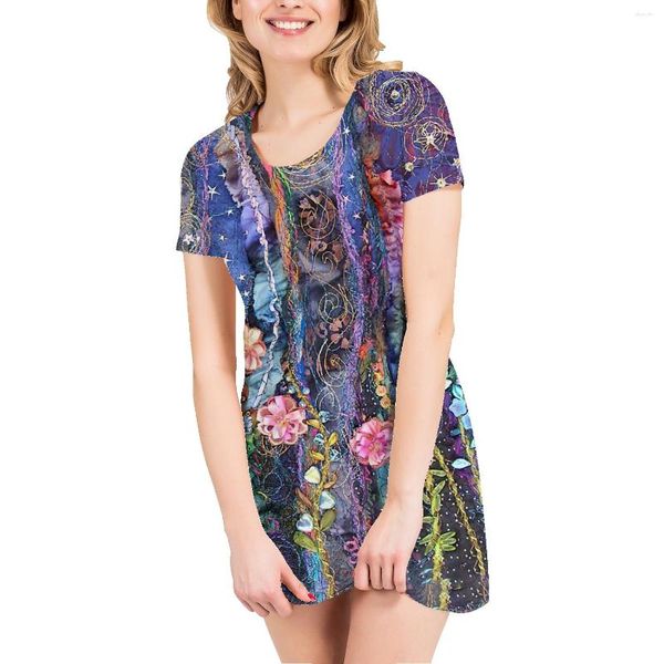 Lässige Kleider, großer Blumenrock, T-Shirt, lange, kurze Ärmel, lockeres, handgemaltes Ölgemälde, Original-Graffiti-Kleid, gerade A-Linie