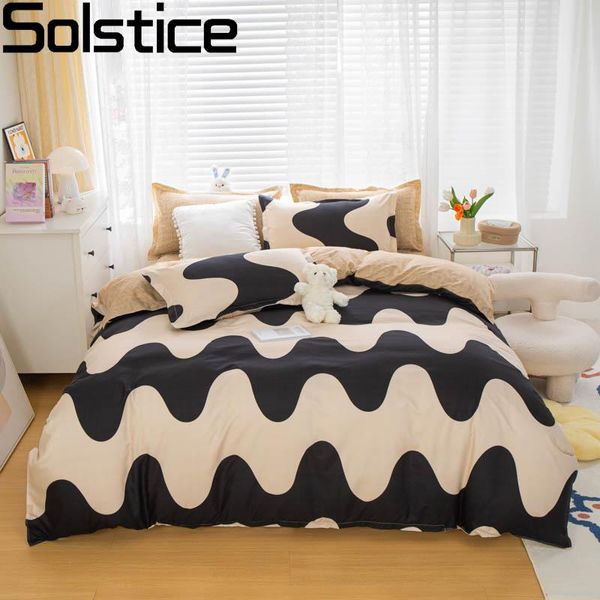 Stitch Solstice Biancheria da letto Lenzuolo piatto Copripiumino Set Federa Cartoon Nero ondulato a strisce traspirante Stampa Trapunta Queen King Size