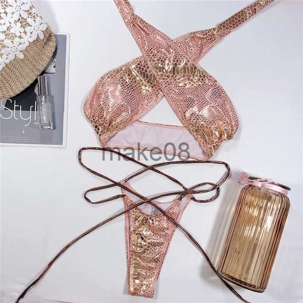 Kadın Mayo Kadın Faks Deri Altın Bikini Set Sizli Yastıklı Sütyen Kırıltısı Bandeau Mayo Glitter Beach Mayo Şerit Halter Banyo Takım J230704