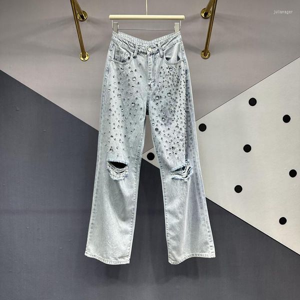 Kadınlar kot sokak kıyafeti elmas mavi yırtık yaz ince yüksek bel paspası geniş bacak pantolon gevşek zayıflama kot pantolon