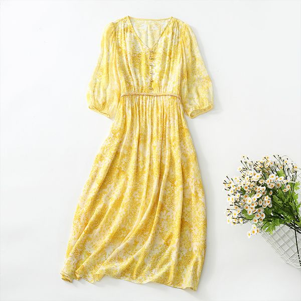 2023 Summer Yellow Floral Print Weave Abito in seta con cintura 1/2 mezza manica con scollo a V Bottoni Abiti casual midi C3Q07 Plus Size XXL 5075