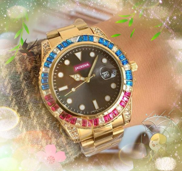 Orologi di lusso in acciaio inossidabile solido e pregiato 41mm Starry Colorful Rainbow Diamonds Anello Orologio Movimento al quarzo Uomo nobile ed elegante Orologi da polso in edizione limitata