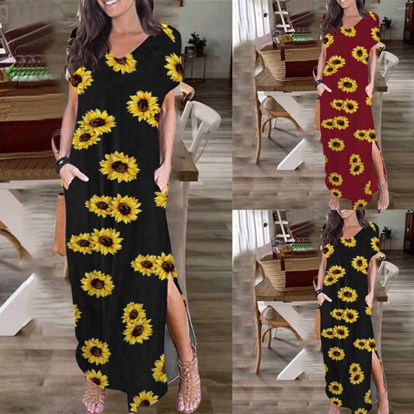 Lässige Kleider Sonnenblumendruck für Frauen Sommer Strand Pullover Maxi Langes Kleid Boho Open Fork Sommerkleid Damen Lose Slip Roben Femme