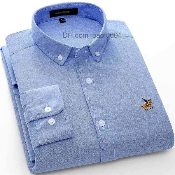 Camisas masculinas casuais primavera 100% algodão Oxford camisa masculina branca manga longa bordado ajuste regular macio grosso confortável masculino Z230707