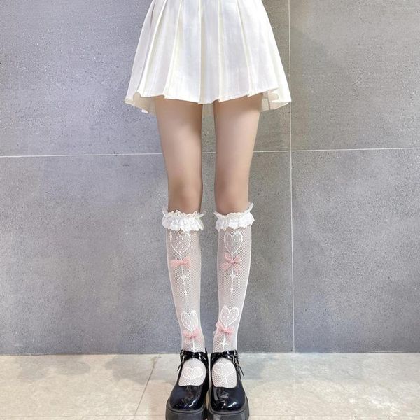 Damensocken, Damen-Spitze, Kalb, Lolita, Schleifen, Knie, japanischer Stil, Prinzessin, Oberschenkelhoch, lockerer Strumpf für Damen und Mädchen