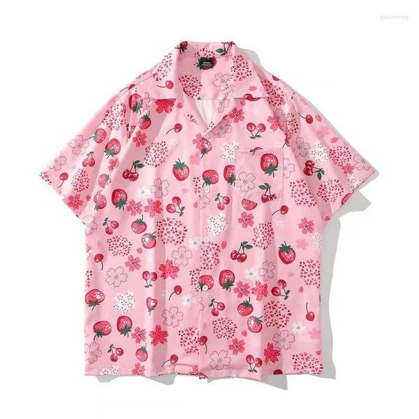 Blusas Femininas Japonês Beach Fruit Cherry Strawberry Full Printed Button Up Shirt Womenblus Manga Curta Camisas Havaianas Casuais Verão