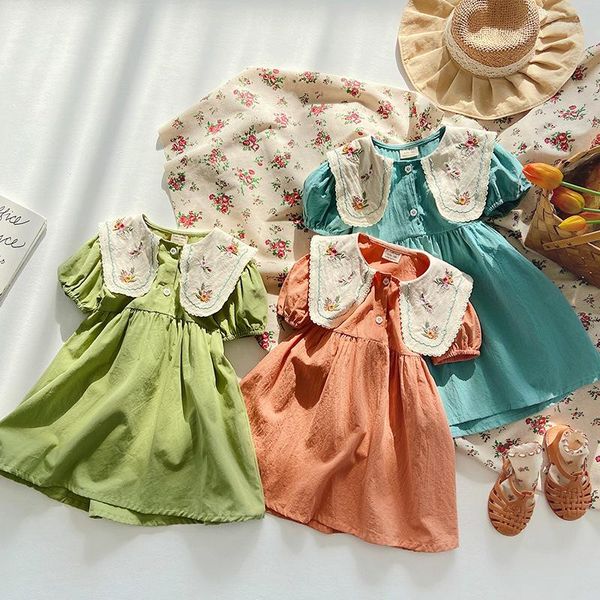 Vestidos para meninas 2023 verão retrô coreano roupas infantis bordado floral vestido manga curta saia boutique