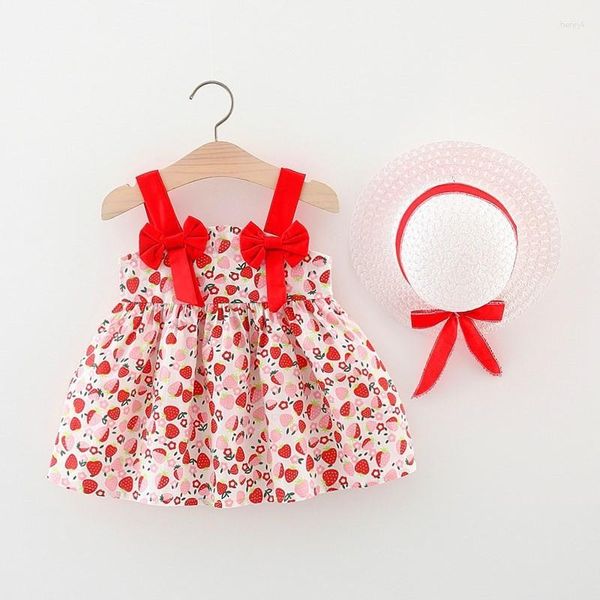 Kız elbiseler 2pcs yaz bebek kızlar elbise şapka çilek baskı yürümeye başlayan çocuk çocuk kıyafetleri kolsuz doğum günü partisi prenses
