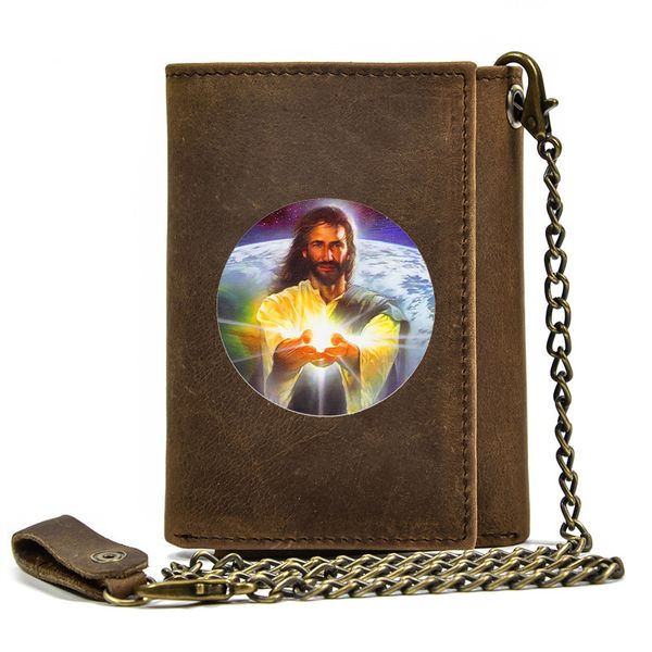 Hohe Qualität Männer Echtes Leder Brieftasche Anti-Diebstahl Haspe Mit Eisen Kette Christentum Gott Jesus Abdeckung Karte Halter Kurze geldbörse