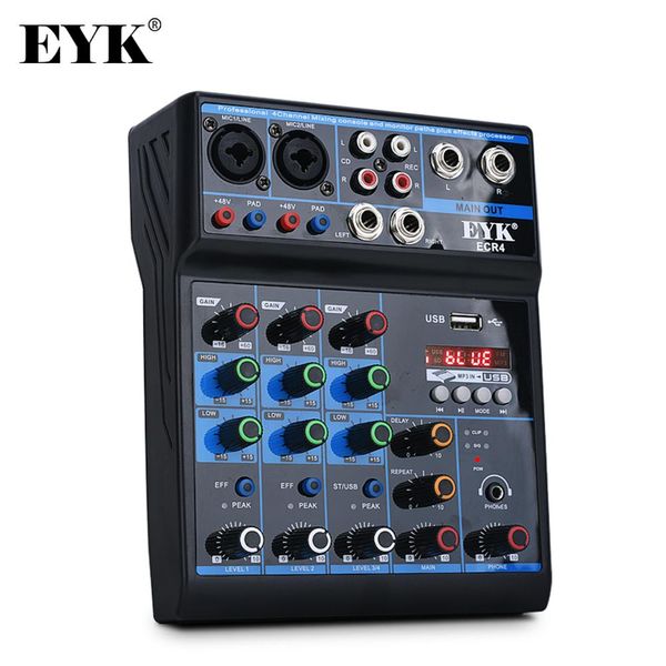 Mixer EYK ECR4 Mixer de áudio com placa de som 4 canais de mixagem console BluetoothCompatible USB para PC Record Record Reclawback