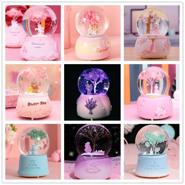 Número Crystal Ball Box Box Cherry Tree Unicorn Girls Birthady Gifts Gllowing Snowflakes Box Caixa de Música Decoração de Desktop Ornamento