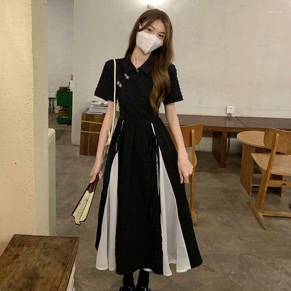 Ethnische Kleidung 2023 Chinesischen Stil Kleid Balck Qipao Elegante Weiß Schwarz Patchwork Cheongsams Jugend Mädchen Vestidos Lange Kleider