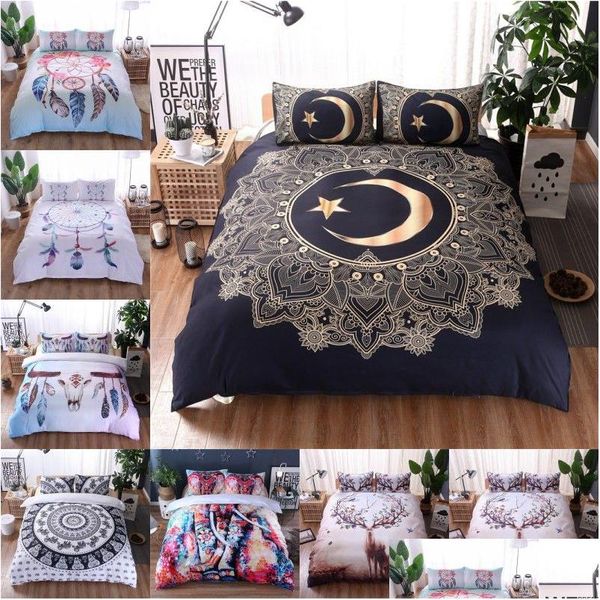 Conjuntos de roupa de cama conjunto de padrão de penas mandala boho er elefante alce 2/3 pçs cama sem enchimento de lençol drop delivery casa jardim suprimentos têxteis dh7c6