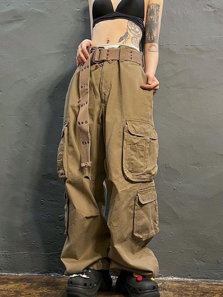 Jeans da donna 2023 Pantaloni cargo da lavoro vintage in cotone a vita bassa con tasche multiple in denim kaki Casual retrò anni '90 Streetwear