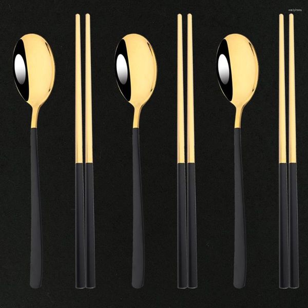 Set di stoviglie in acciaio inossidabile 304 portatile 6 pezzi bacchette forchetta cucchiaio stile coreano oro Set stoviglie cena accessori da cucina