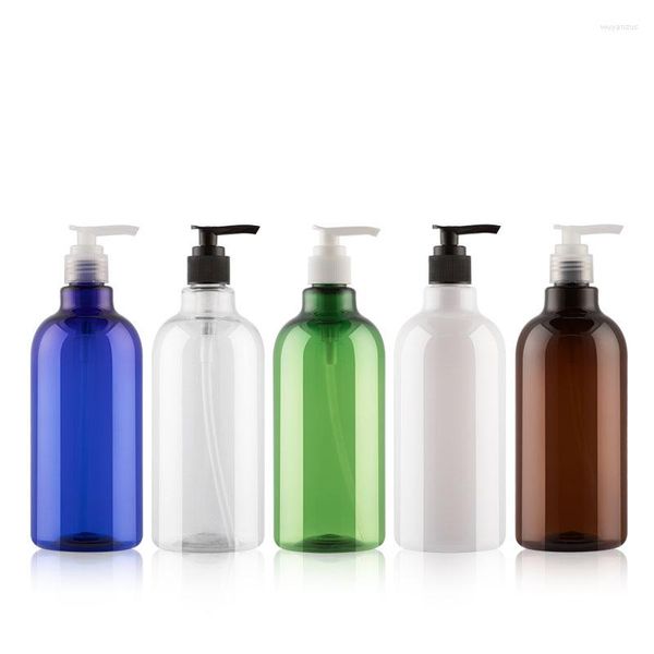 Garrafas de armazenamento azul verde transparente marrom branco 500ml x 12 garrafa PET de plástico com bomba de loção para shampoo cuidados pessoais recarregáveis