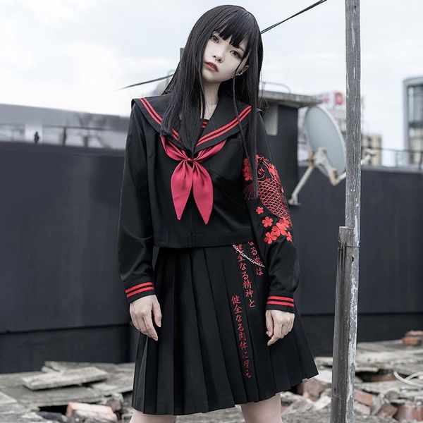 Elbiseler Yeni Japon Haruku Kızlar Siyah İşlemeli Üniforma Yüksek Bel Piled Etekler Tatlı Mini Kawaii Cosplay Sıcak Kız Etekler