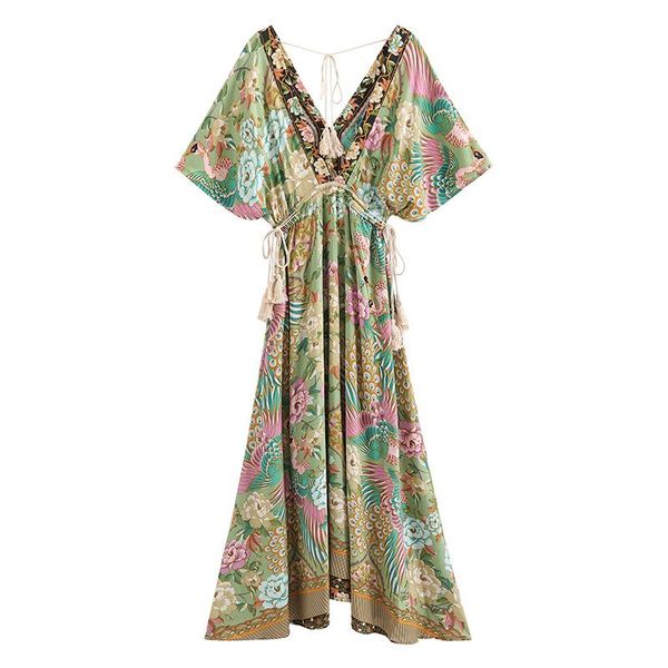 Vestidos vintage chic moda feminino pavão pavão com manga de morcego floral praia de praia maxi vestidos maxi senhores v vestido de verão de pescoço