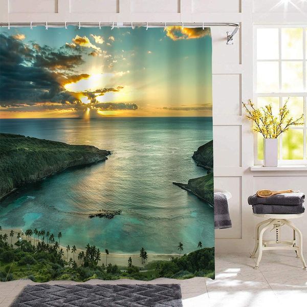 Vasi Tramonto Mare Paesaggio Tenda da doccia Stampa 3d Palma Antimuffa Tende da bagno impermeabili Decorazioni da parete per la casa Tende da bagno