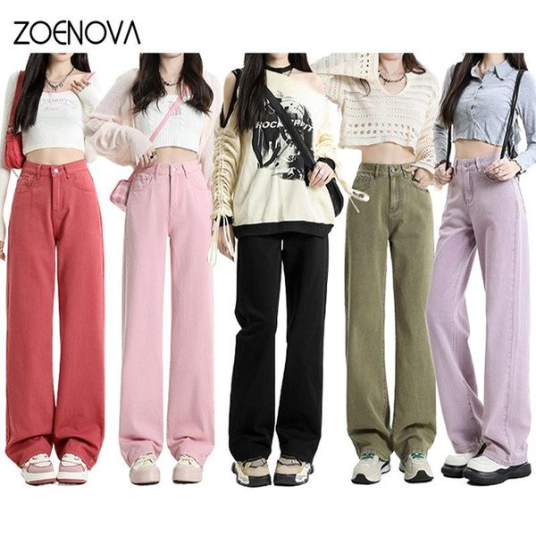 Abiti Zoenova Pantaloni lunghi coreani Pantaloni di jeans casual Semplice primavera femminile 2023 Jeans a gamba larga da donna dritti allentati Rosa Viola Rosso