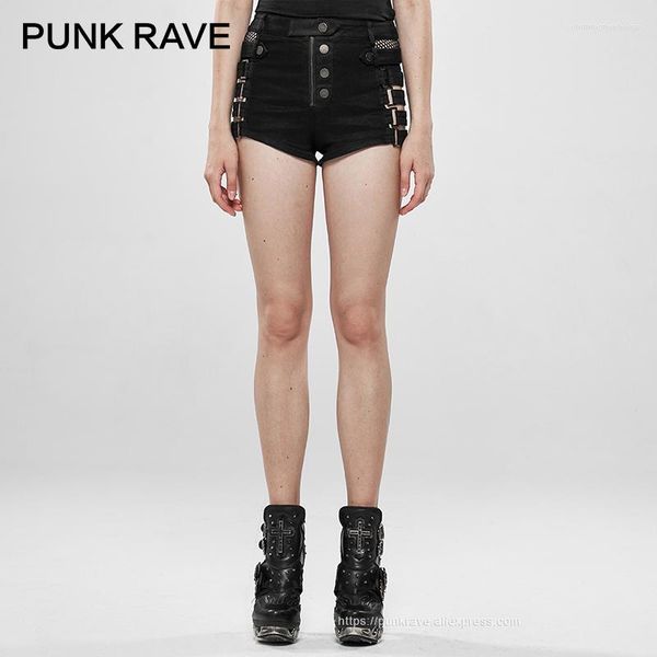 Shorts Feminino PUNK RAVE Feminino Metallic Rock Hollow Denim Preto Curto Mesh Fivela de Metal Bonito Sexy Club Justo Feminino