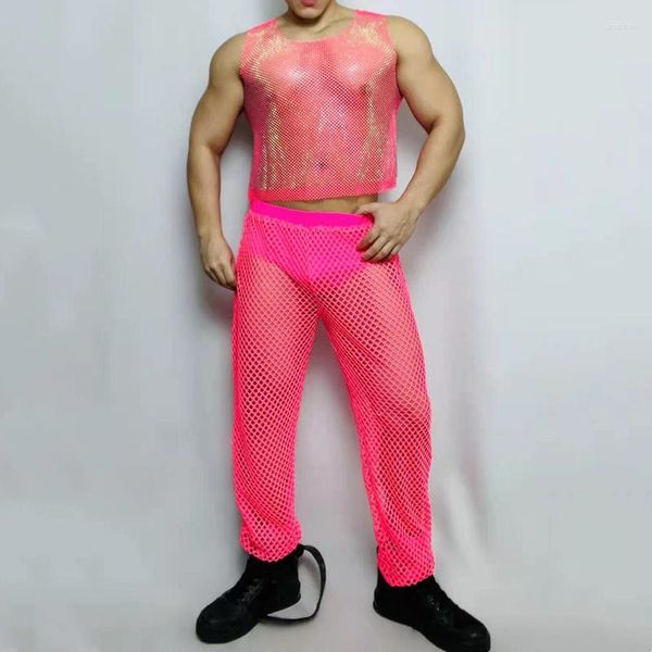 Stage Wear Bar Sexy Male Team Gogo Show Party Performance Abbigliamento Dancer Nightclub Costume Pink Strass Mesh Vest Pants Outfit