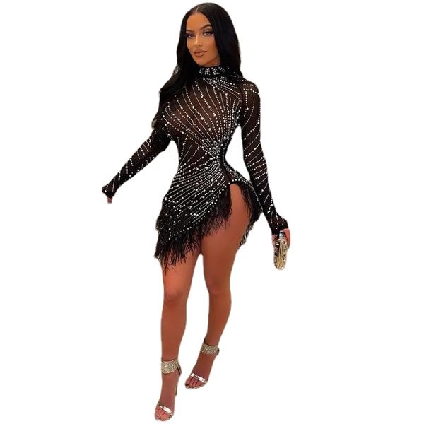 Quaste Feder Dimoand Sheer Mesh Cocktail Party Kleid Perlen Frauen Glam Night Sparkle Strass Fransen Geburtstag Outfits