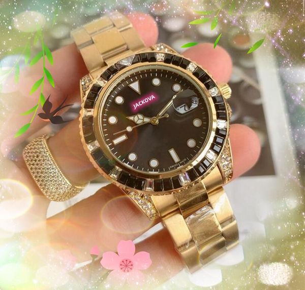 Orologi di lusso in acciaio inossidabile solido e pregiato 41mm Starry Colorful Rainbow Diamonds Anello Orologio Movimento al quarzo Uomo nobile ed elegante Orologi da polso Relogio Masculino