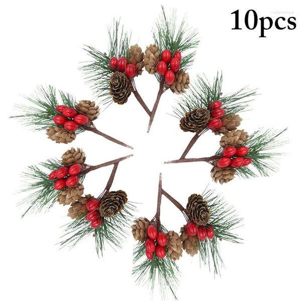 Flores decorativas 10 pçs flor artificial vermelha baga de natal e picaretas de pinha com galhos de azevinho para decoração floral de férias artesanato