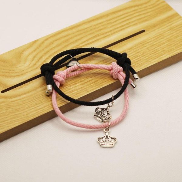 Charm Pulseiras 2 Par Homens Mulheres Casal Coroa Pingente Coração Ímã Atrair Corda Feito à Mão Bracelete Amigos Meninas Jóias Presente