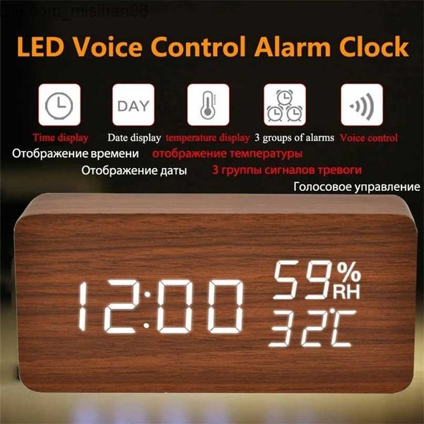 Schreibtisch Tischuhren USBAAA Powered LED Holz Wecker WatchTable Clocks Voice Control Digital Wood Despertador Electronic Desktop Table Decor Z230704