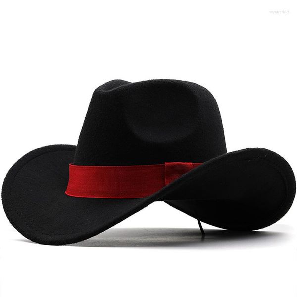 Boinas Clássicas Chapéu de Cowboy de Feltro de Lã Western Fedora Chapéus Masculinos Aba Larga Boné Cowgirls Com Faixa Outono Inverno