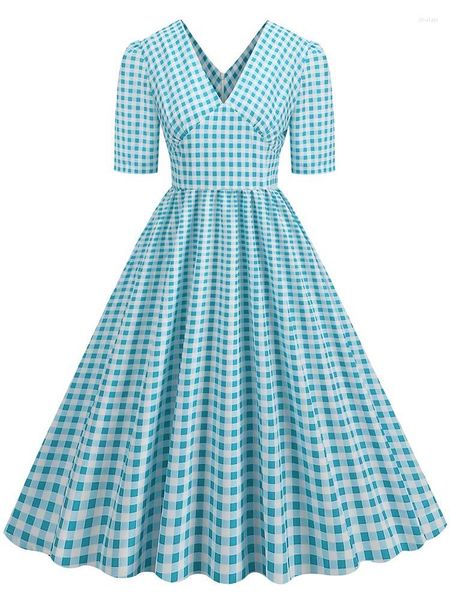 Abiti casual Plaid Stampato 2023 Sexy Scollo a V Estate Donna Abito Manica corta Elegante Vintage Rockabilly Una linea Party Vestido