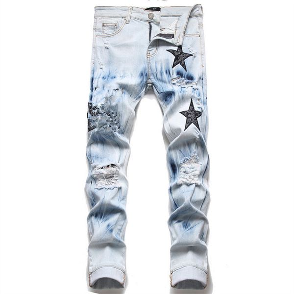 Para homens rasgados calças pretas moda jeans dos homens estilo legal designer denim calça angustiado motociclista azul jean magro ajuste motocicleta 442