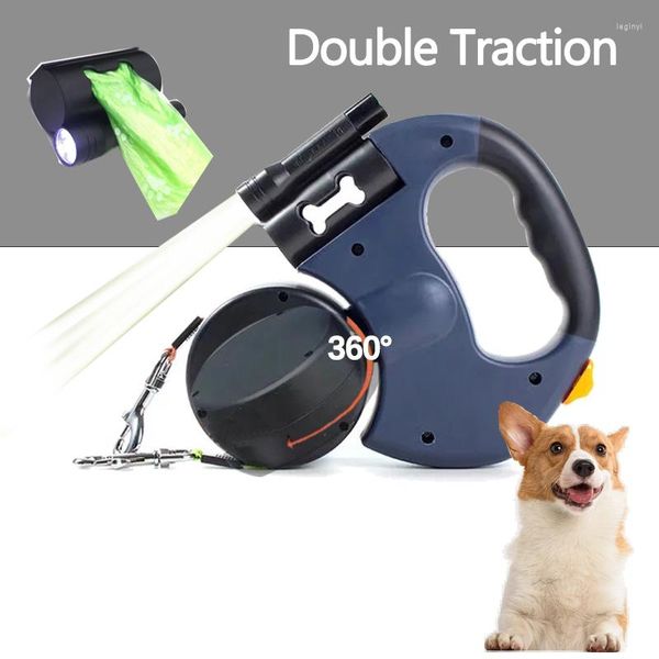 Collari per cani Guinzaglio a doppia corda di trazione con supporto per borsa per cacca a LED Cintura per animali retrattile Rotazione portatile