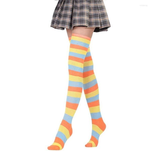 Frauen Socken JK Frau Cosplay Strümpfe Gelb Orange Streifen Lolita Lange Über Knie Oberschenkel Hohe Kompression